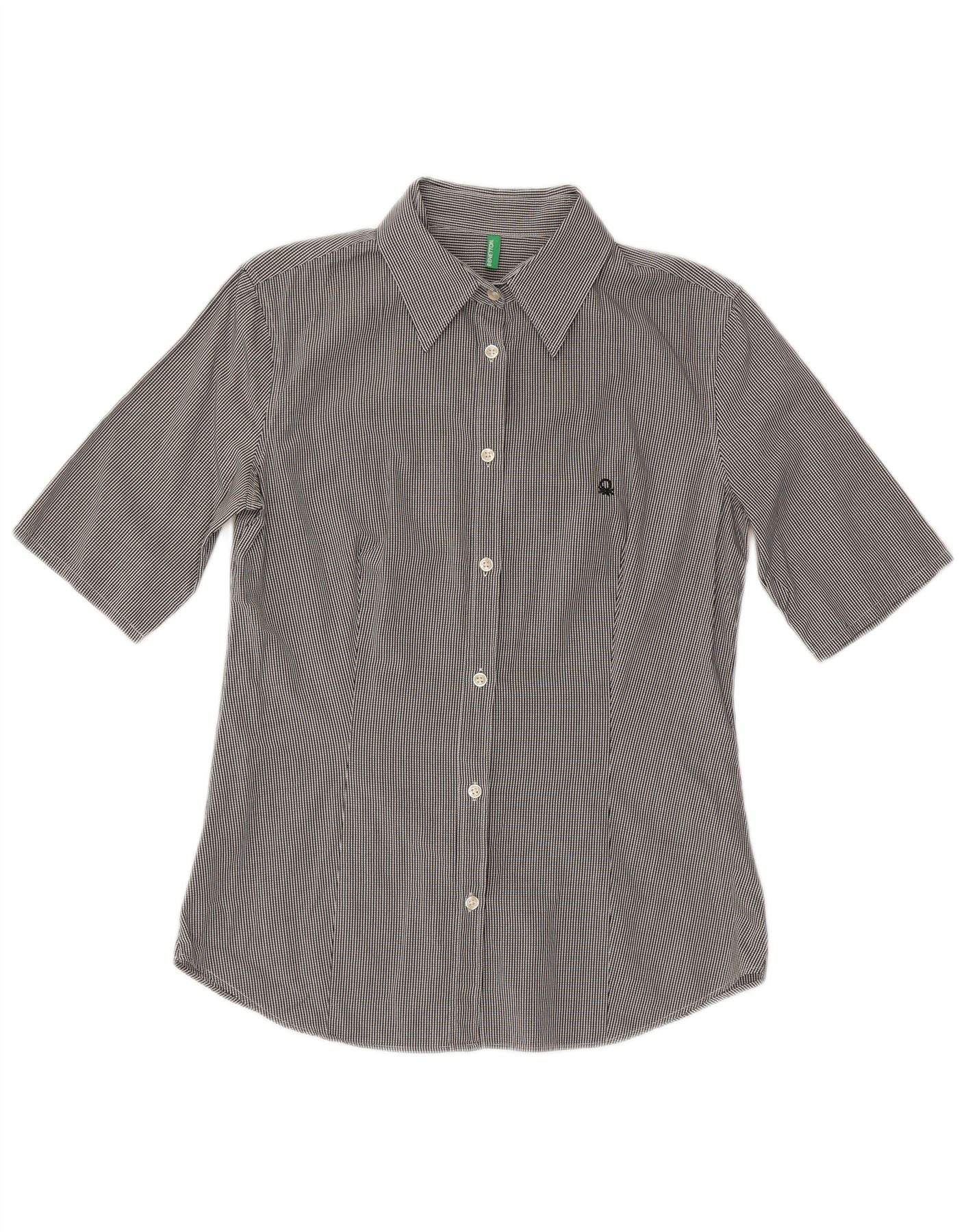 BENETTON Womens Short Sleeve Shirt UK 14 Medium Black Gingham